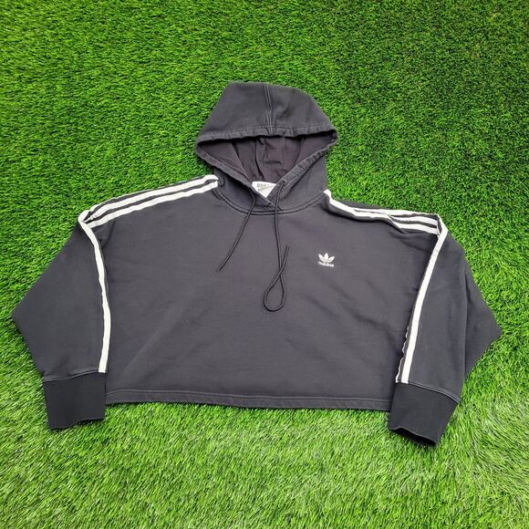 ADIDAS Cropped Terry Hoodie Womens M/L 24x17 Baggy Oversized Y2K Style - Picture 1 of 10